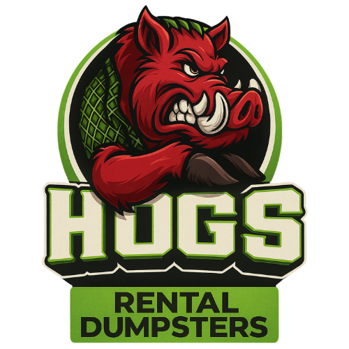 Angry red boar logo for Hugs Rental Dumpsters with green background