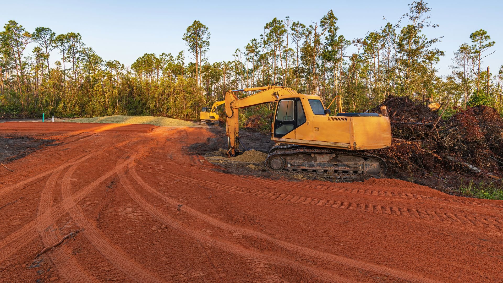 Yellow excavator on red clay ground near pine forest during construction